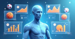 Ilustração corporativa flat de inteligência artificial analisando jogos esportivos com gráficos e dados ao redor
