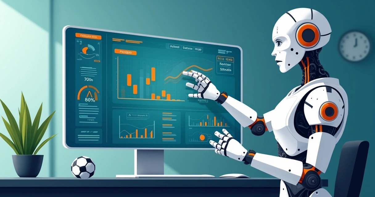 Robô de apostas esportivas em uma tela digital com gráficos e estatísticas, representando automação e análise de dados