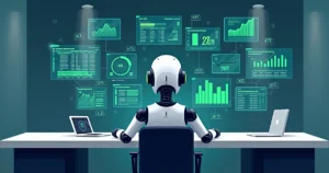 Ilustração corporativa de um robô analisando gráficos e dados de apostas esportivas em tela digital