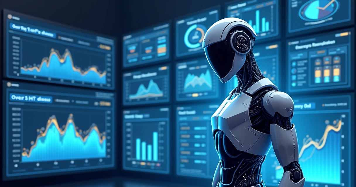 Ilustração corporativa plana de um painel digital com gráficos de apostas esportivas e um robô analisando dados de partidas ao vivo