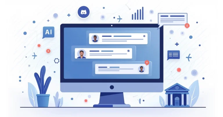 Ilustração corporativa plana de tela de computador com sinais de apostas esportivas automáticos no Discord e ícones de inteligência artificial