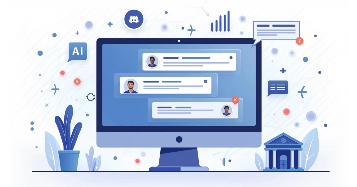 Ilustração corporativa plana de tela de computador com sinais de apostas esportivas automáticos no Discord e ícones de inteligência artificial