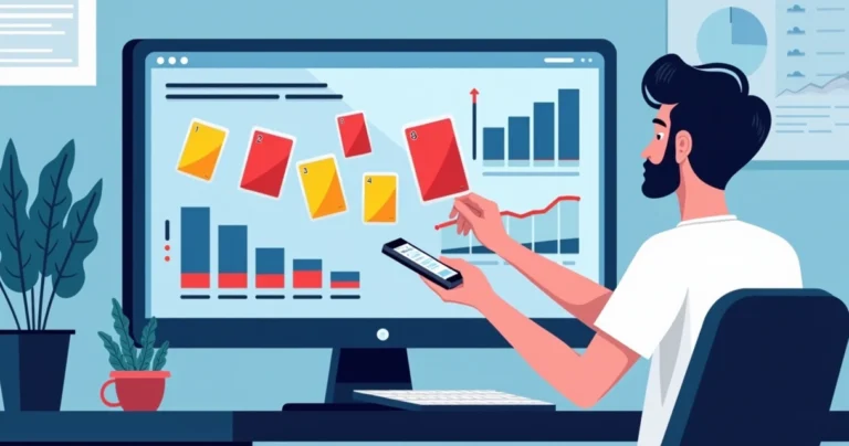 Ilustração corporativa de apostador analisando dados de cartões amarelos e vermelhos em uma tela digital
