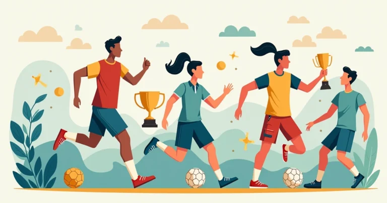 Ilustração corporativa mostrando gráfico de desempenho com times favoritos em diferentes competições esportivas, com ícones de troféus, bolas e mapas ao fundo