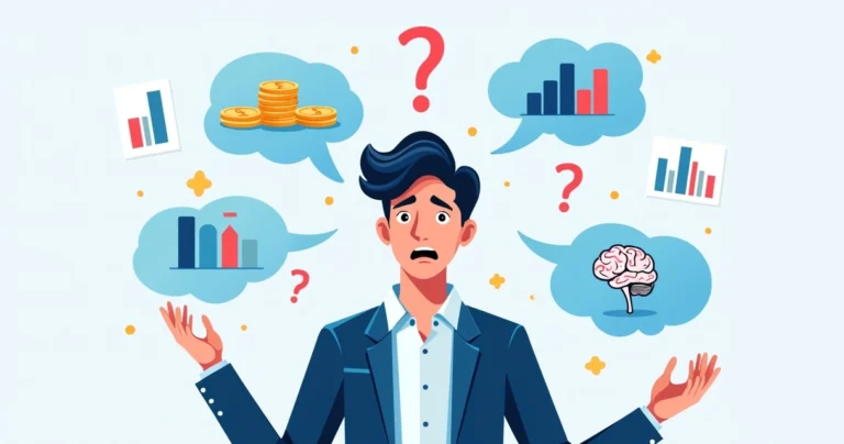Ilustração corporativa mostrando um homem pensando com expressão confusa cercado por ícones de decisões em apostas, como moedas, gráficos e um cérebro estilizado