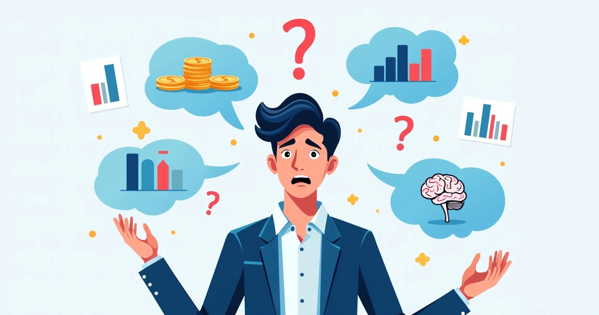 Ilustração corporativa mostrando um homem pensando com expressão confusa cercado por ícones de decisões em apostas, como moedas, gráficos e um cérebro estilizado