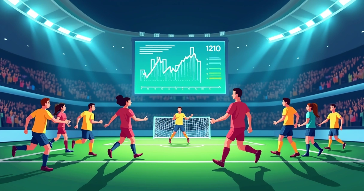 Ilustração corporativa de time de futebol menor celebrando gol surpreendente em jogo com gráfico de apostas ao fundo
