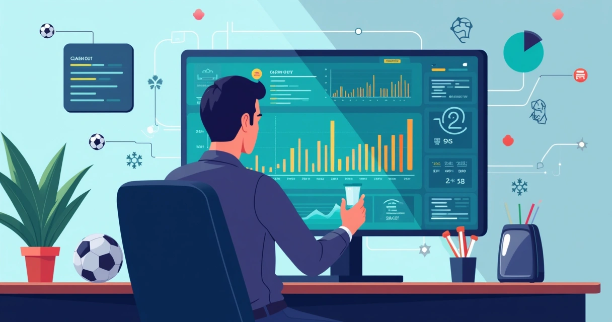 Ilustração corporativa plana de um gestor de apostas analisando dashboard com gráficos e dados de cash out parcial para reduzir riscos e manter lucros