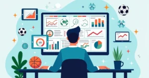 Ilustração corporativa plana mostrando pessoa analisando apostas múltiplas em tela digital com gráficos e probabilidades