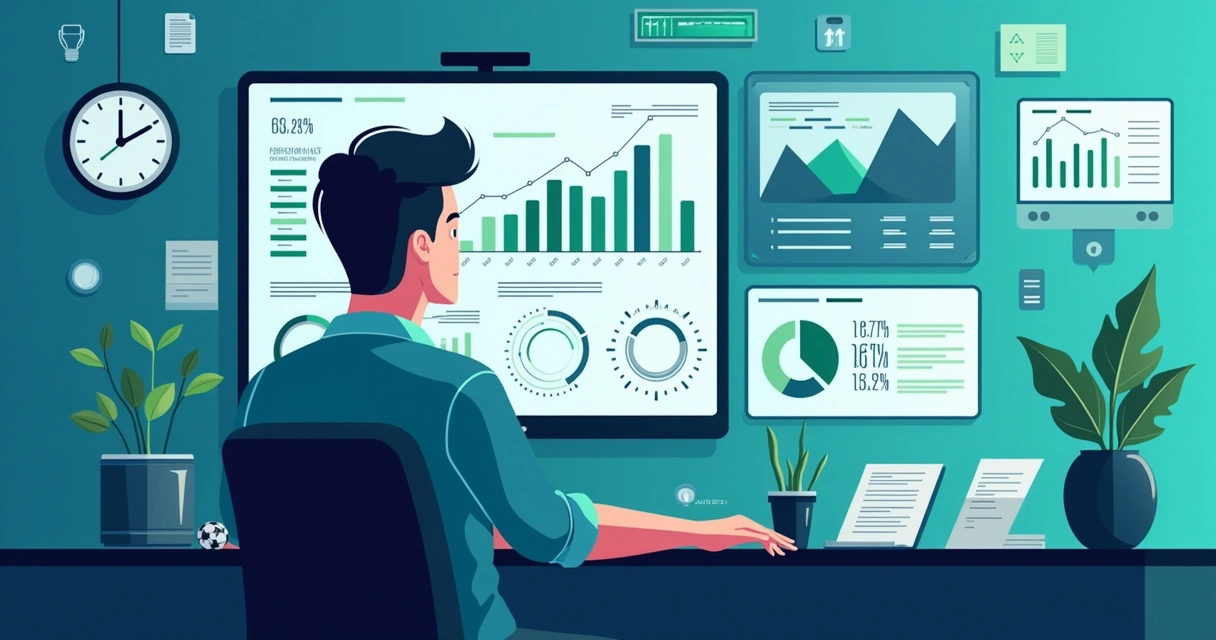 Ilustração corporativa flat de apostador analisando gráficos e métricas de performance em tela digital