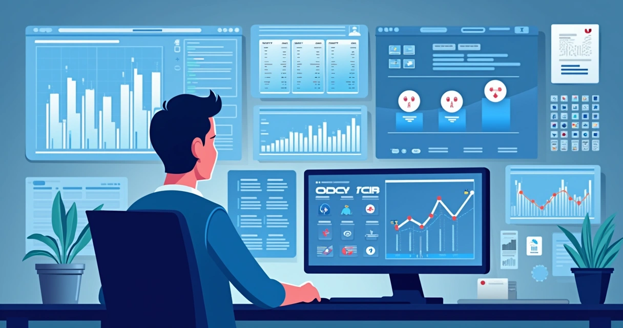 Ilustração corporativa plana de um analista esportivo revisando dados em telas com gráficos, tabelas de odds, estatísticas de partidas e ícones de lesões e clima