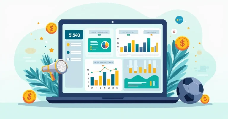 Ilustração corporativa mostrando um painel digital com gráficos e métricas esportivas como média de gols, posse de bola e cartões destacados