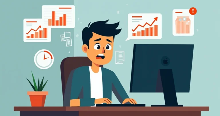 Homem sentado em frente ao computador com expressão preocupada, cercado por gráficos de apostas esportivas e ícones de alertas de risco