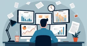 Homem sentado em mesa com expressão de dúvida analisando dados em múltiplas telas de computador