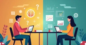 Ilustração corporativa mostrando comparação entre aposta por intuição e aposta por dados com gráficos e ícones de cérebro e estatísticas