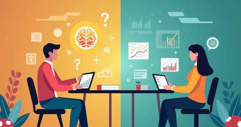 Ilustração corporativa mostrando comparação entre aposta por intuição e aposta por dados com gráficos e ícones de cérebro e estatísticas