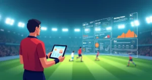 Ilustração flat corporativa mostrando árbitro com tablet VAR ao lado de jogo de futebol ao vivo e gráficos de análise de apostas