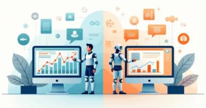 Ilustração corporativa flat mostrando comparação entre análise estatística e automação de apostas com gráficos e robôs digitais