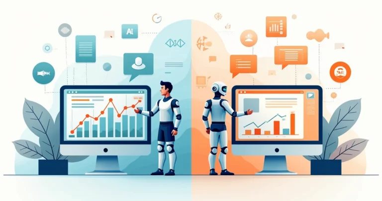 Ilustração corporativa flat mostrando comparação entre análise estatística e automação de apostas com gráficos e robôs digitais