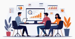 Ilustração dividida mostrando grupo de apostadores trocando estratégias e pessoa estudando curso online no computador