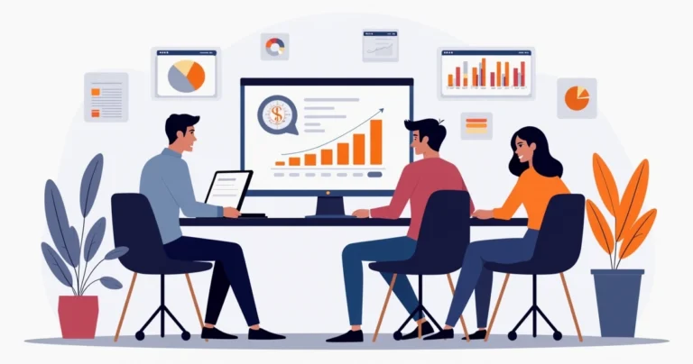 Ilustração dividida mostrando grupo de apostadores trocando estratégias e pessoa estudando curso online no computador