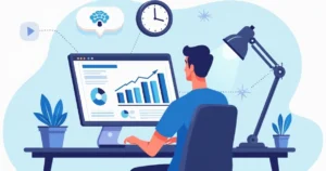 Ilustração flat corporativa de homem sentado numa mesa com laptop e gráficos de apostas esportivas na tela, rodeado de ícones de inteligência artificial, estatísticas e relógio