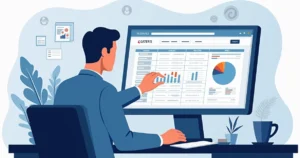 Ilustração corporativa flat de apostador organizando dados esportivos em planilha no computador