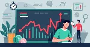 Ilustração corporativa plana mostrando gráfico de apostas com grandes variações na banca e ícones de alerta