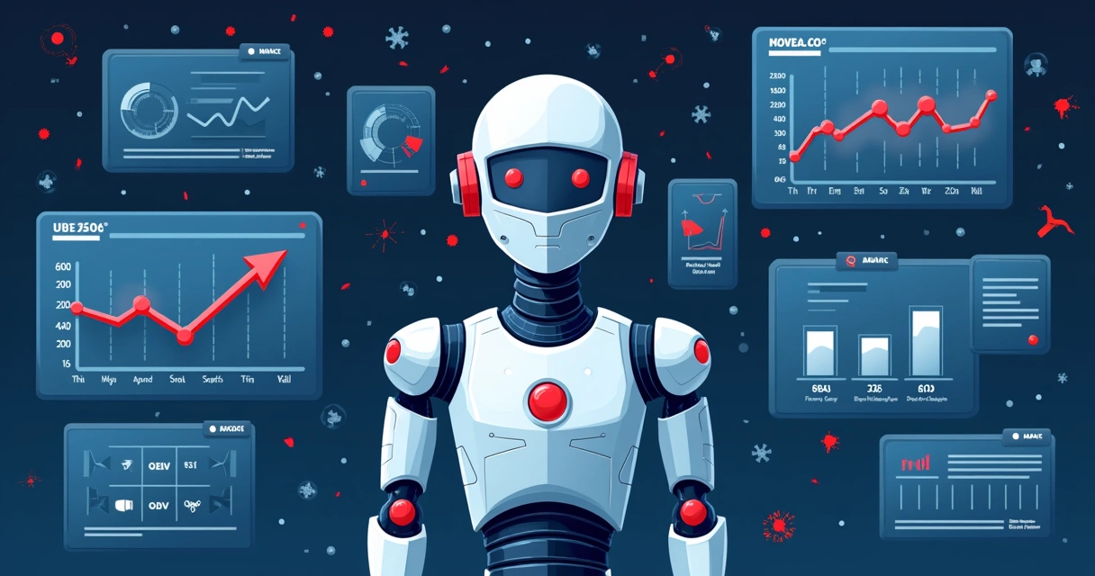 Ilustração corporativa de um robô com engrenagens paradas e gráficos caindo em um painel digital