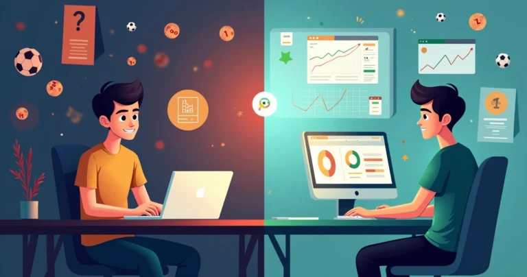 Ilustração comparando apostas por dados e por intuição em tela dividida