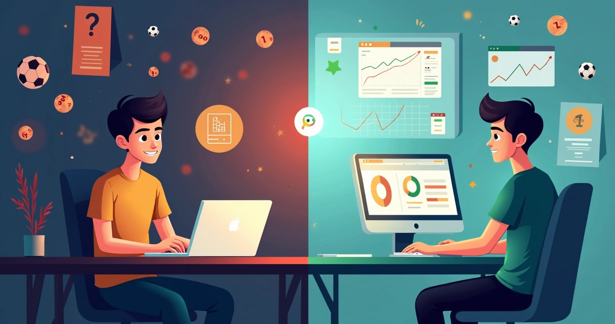 Ilustração comparando apostas por dados e por intuição em tela dividida