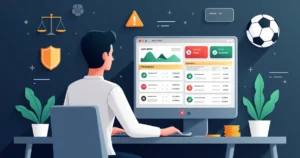 Ilustração de apostador analisando risco e retorno em apostas esportivas no computador