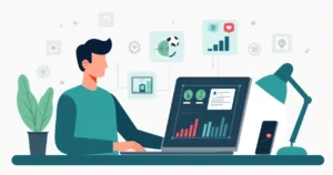 Homem iniciante em apostas esportivas usando painel de IA no computador