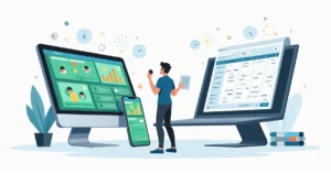 Comparação visual entre painel digital de apostas esportivas e planilha de gerenciamento de banca