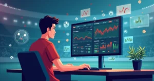 Ilustração de apostador analisando gráficos e probabilidades em tela de computador