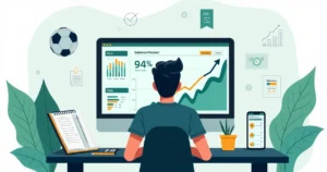 Homem analisando relatório de performance de apostas esportivas no computador