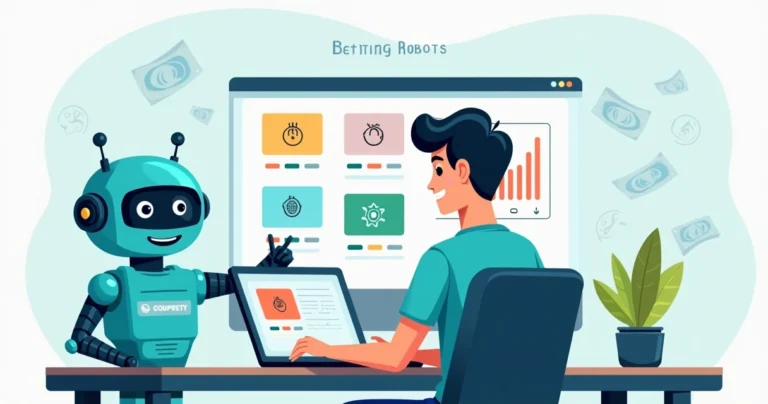 Homem usando plataforma de robô de apostas em laptop sem precisar programar