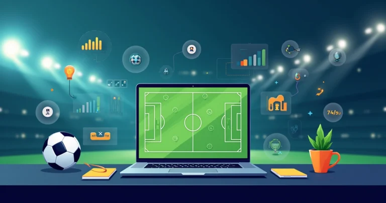 Ilustração de análise esportiva de futebol com gráficos e campo tático na tela de notebook