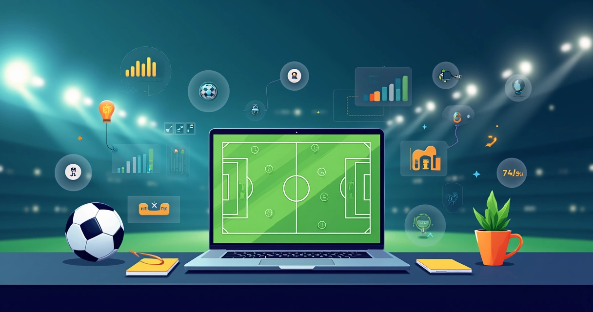 Ilustração de análise esportiva de futebol com gráficos e campo tático na tela de notebook