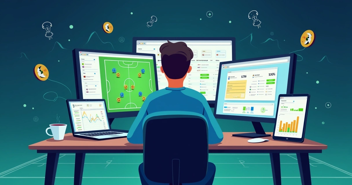 Ilustração de apostador analisando dados esportivos em múltiplas plataformas online