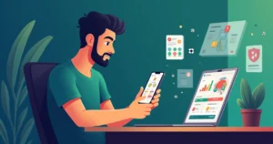 Homem analisando jogos de futebol em aplicativo de celular com gráficos e estatísticas