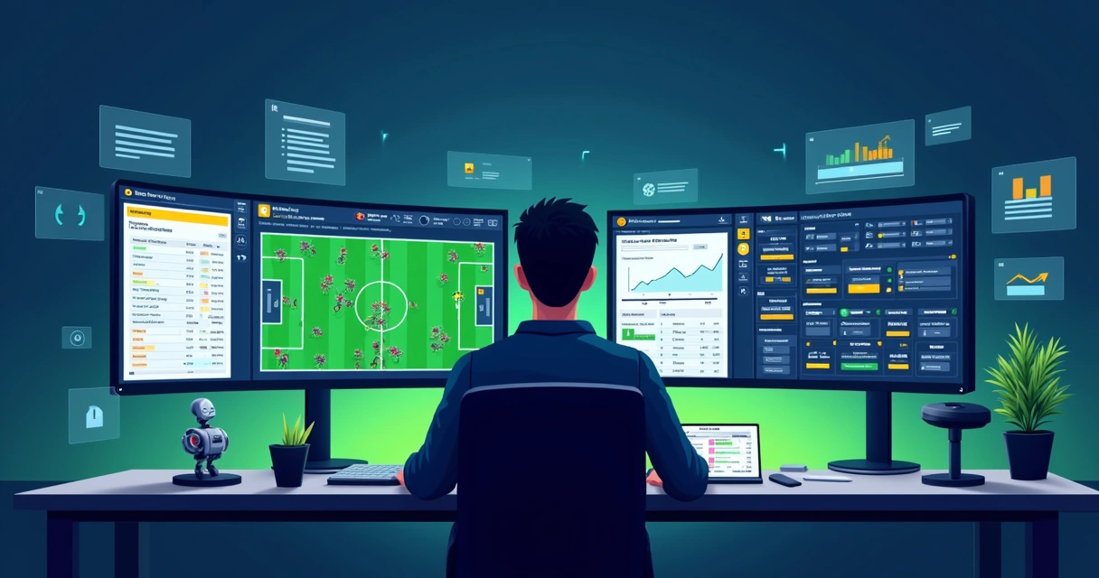 Ilustração de analista estudando dados de futebol em vários monitores