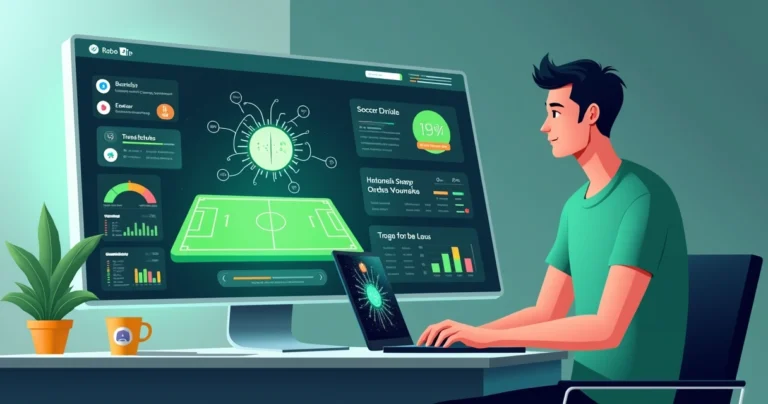Ilustração de apostador analisando palpites de futebol com painel de dados e IA
