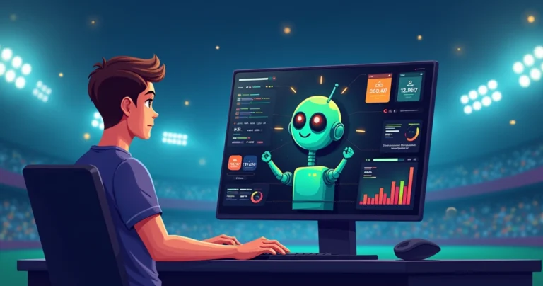 Ilustração de apostador analisando robô de apostas esportivas em painel digital