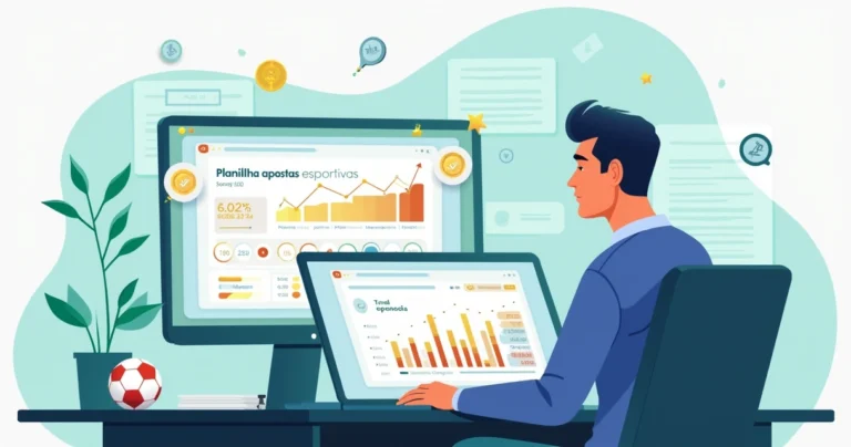Ilustração de apostador analisando planilha de apostas esportivas no notebook