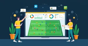 Painel de software de estatísticas de futebol com dados e campo tático