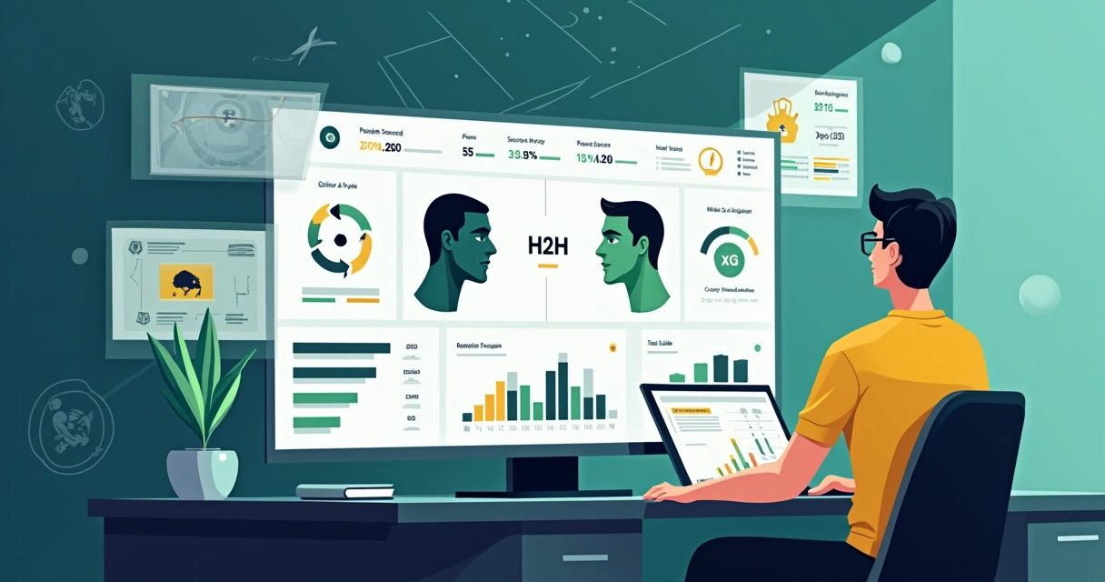 Ilustração de analista estudando confrontos diretos H2H de futebol em painel digital com estatísticas