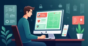 Ilustração de apostador analisando apostas ao vivo com gestão de banca e odds na tela