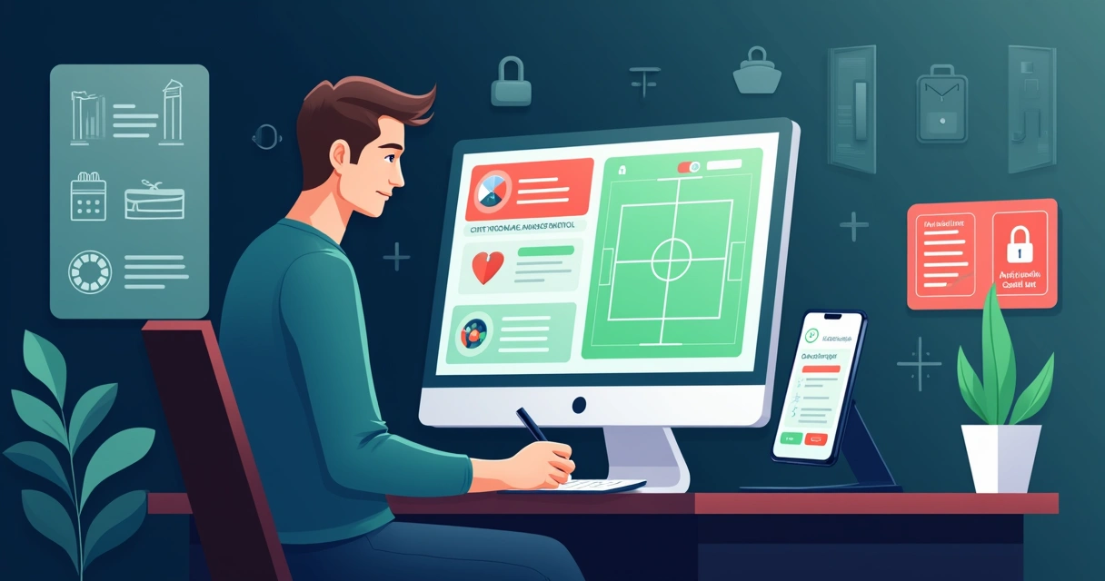 Ilustração de apostador analisando apostas ao vivo com gestão de banca e odds na tela