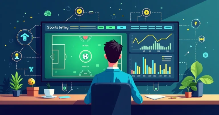 Ilustração de apostador analisando previsão de resultados com machine learning em painel digital
